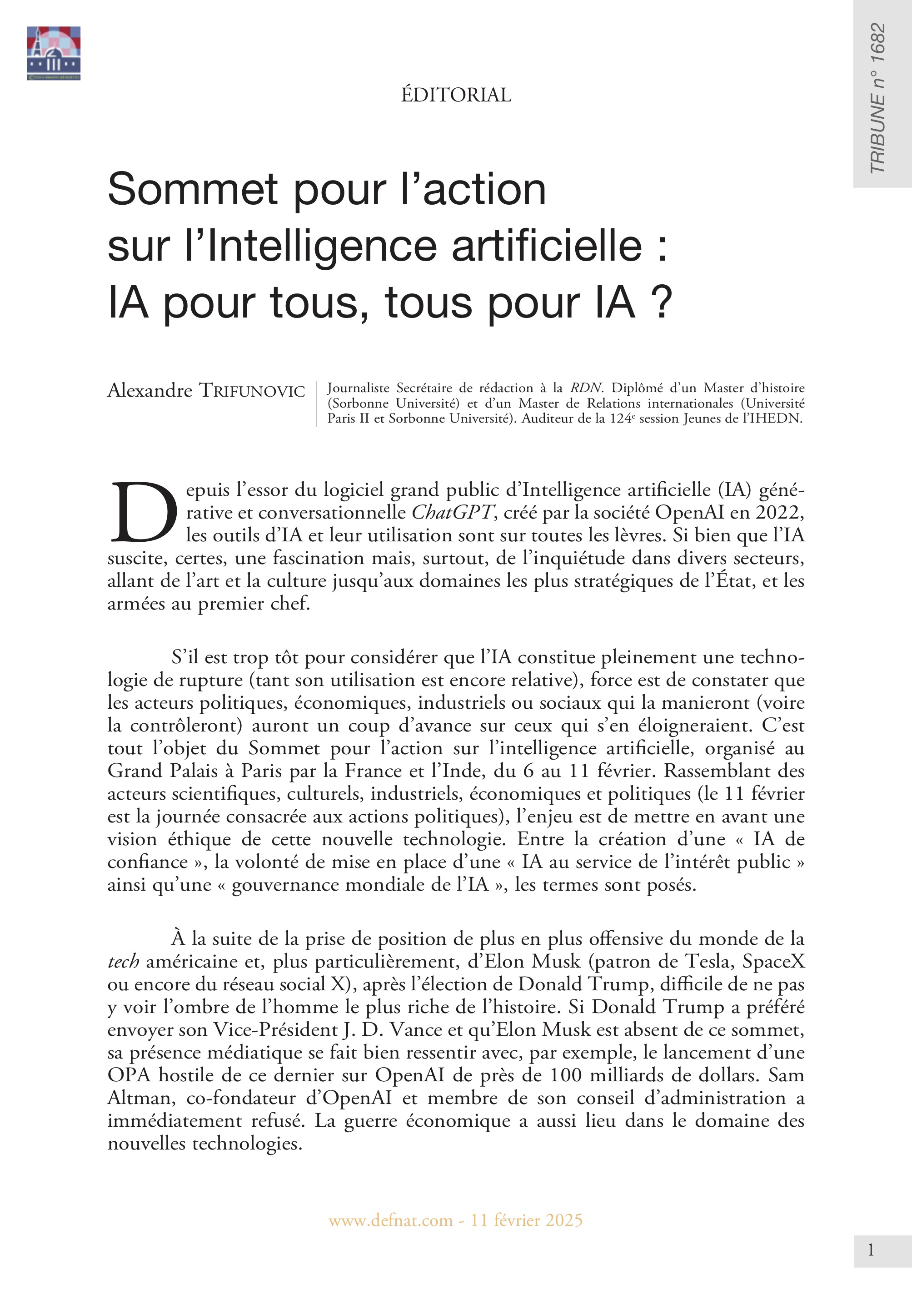 Éditorial – Sommet pour l’action sur l’Intelligence artificielle : IA pour tous, tous pour IA ? (T 1682)
